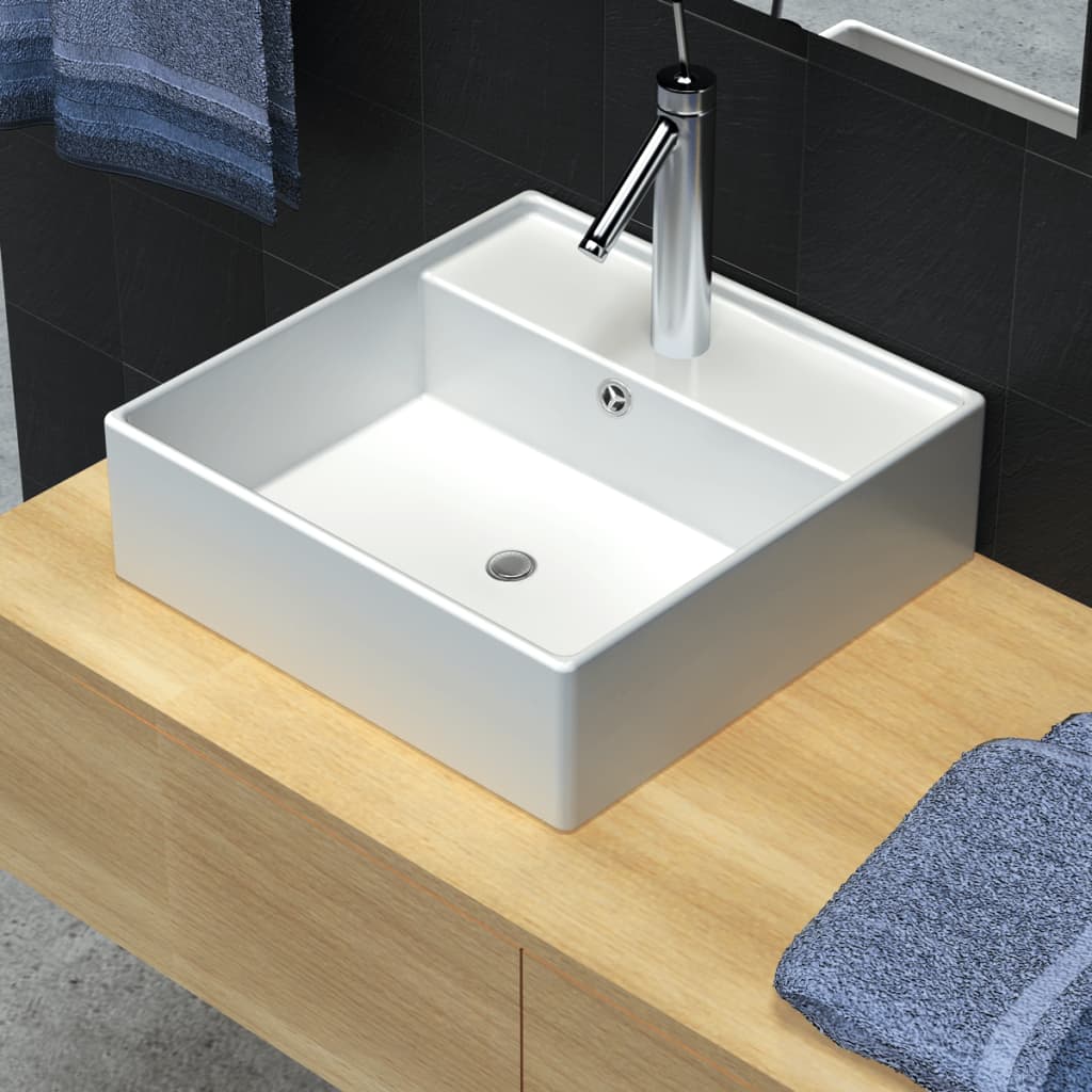 NNEVL Ceramic Basin Square with Overflow and Faucet Hole 41 x 41 cm