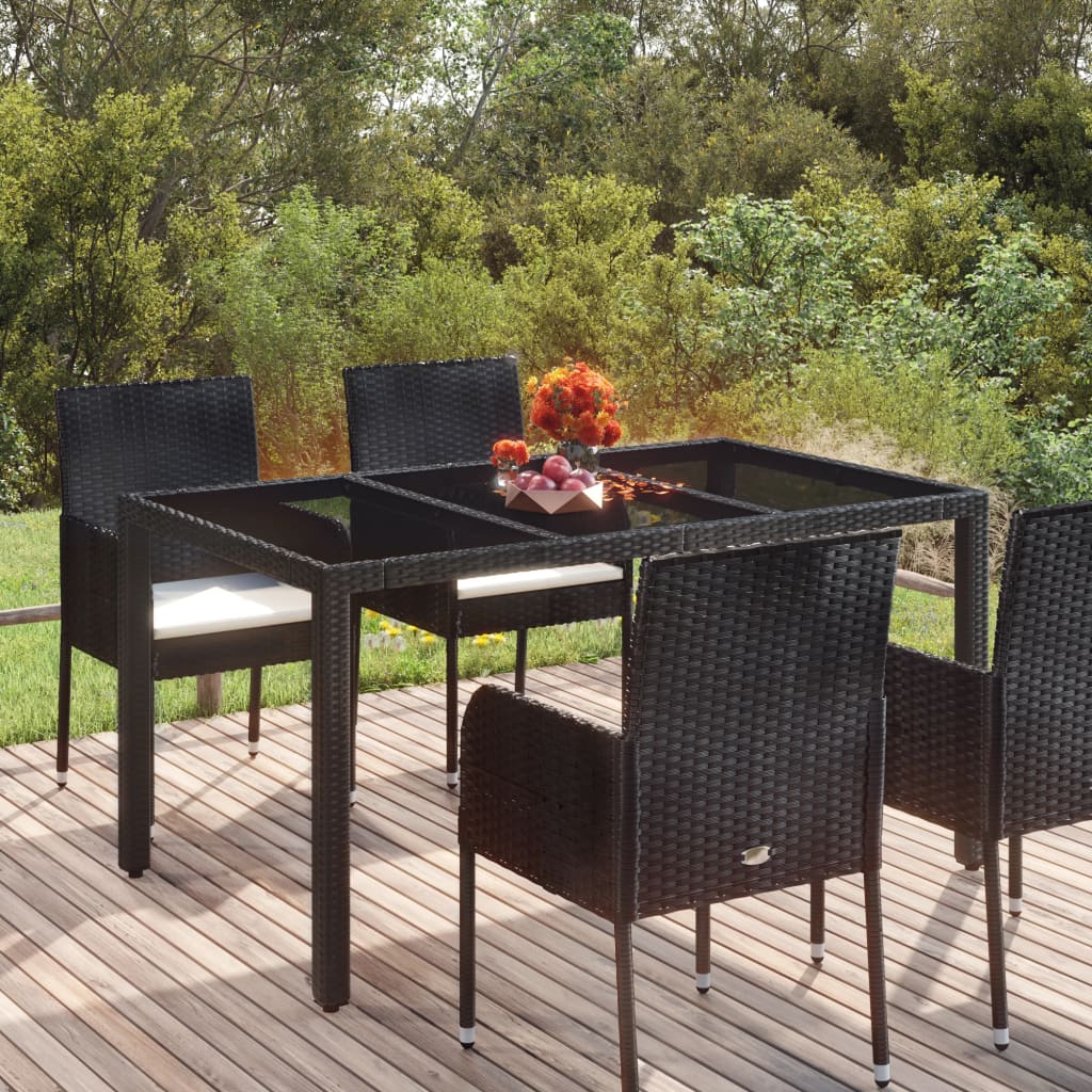 NNEVL Garden Table with Glass Top Black 150x90x75 cm Poly Rattan